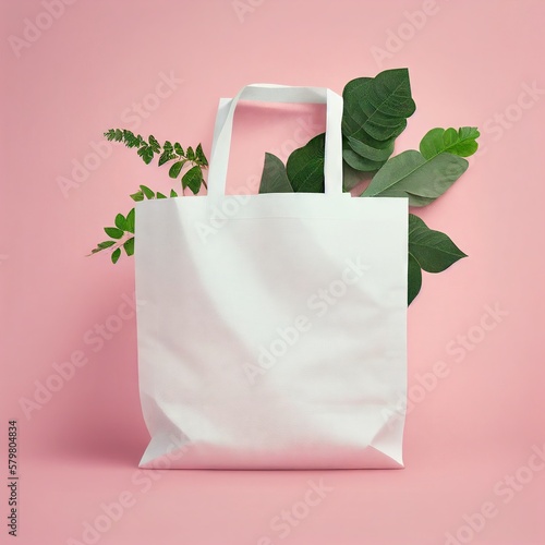 Blank cotton white shopper tote bag on pink background with green leaves. Mock up template for product branding plastic free reusable nature-friendly materials concept.