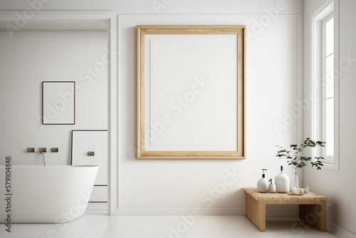 bath room  large blank frame  light wood frame  white minimal style inside studio  white walls  overexposed  interior design idea - Generative AI