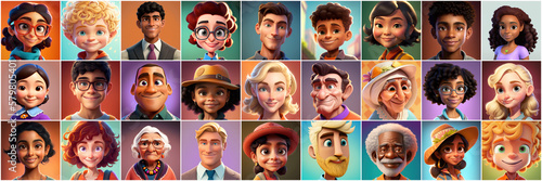 Set of avatars of happy people of different races and ages. Portraits of men and women and children. Human Emotions. Illustration in cartoon style, - Post-processed Generative AI