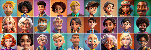 Set of avatars of happy people of different races and ages. Portraits of men and women and children. Human Emotions. Illustration in cartoon style, - Post-processed Generative AI