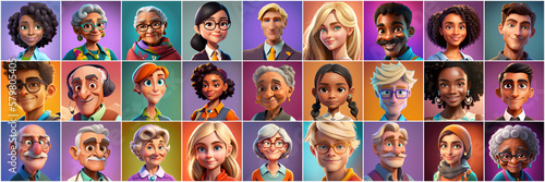 Set of avatars of happy people of different races and ages. Portraits of men and women and children. Human Emotions. Illustration in cartoon style, - Post-processed Generative AI