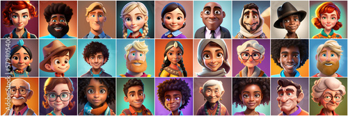 Set of avatars of happy people of different races and ages. Portraits of men and women and children. Human Emotions. Illustration in cartoon style, - Post-processed Generative AI