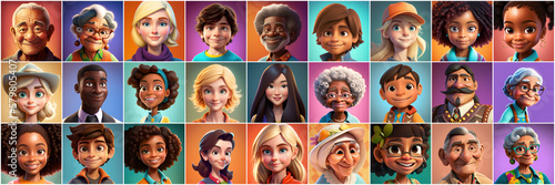 Set of avatars of happy people of different races and ages. Portraits of men and women and children. Human Emotions. Illustration in cartoon style, - Post-processed Generative AI