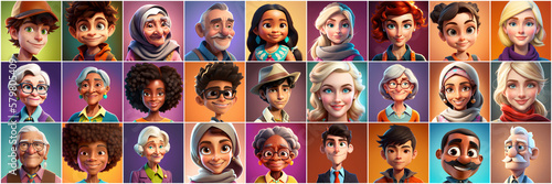 Set of avatars of happy people of different races and ages. Portraits of men and women and children. Human Emotions. Illustration in cartoon style, - Post-processed Generative AI