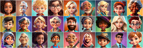 Set of avatars of happy people of different races and ages. Portraits of men and women and children. Human Emotions. Illustration in cartoon style, - Post-processed Generative AI