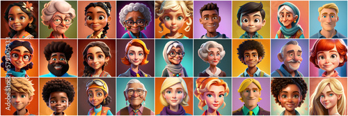 Set of avatars of happy people of different races and ages. Portraits of men and women and children. Human Emotions. Illustration in cartoon style, - Post-processed Generative AI