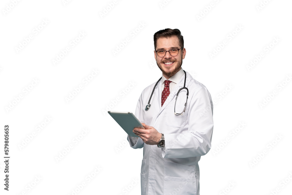 Smiling medical worker in white coat and tie. A portrait of a doctor posing against transparent background Smiling medical worker in white coat and tie. A portrait of a doctor posing against transparent background