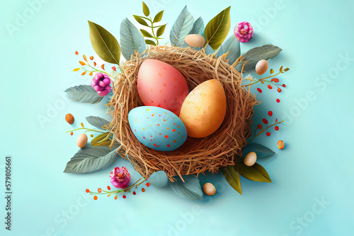 Easter poster background template with Easter eggs in the nest on light blue background. Generative Ai