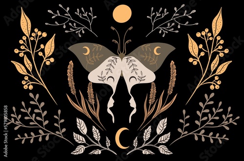 Mystical moth, floral elements and moon on dark background