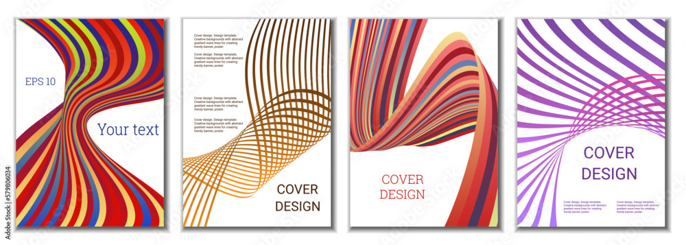 A set of 4 abstract covers. Wavy parallel gradient lines, ribbons evolve. Cover design, background. Trendy banner, poster. A set of 4 abstract covers. Wavy parallel gradient lines, ribbons evolve. Cover design, background. Trendy banner, poster.