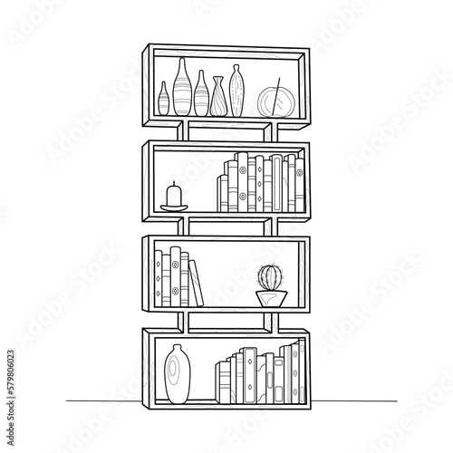 Bookshelves with books and decor. Books, vases, cactus. Vector black and white illustration. Coloring book for adults.