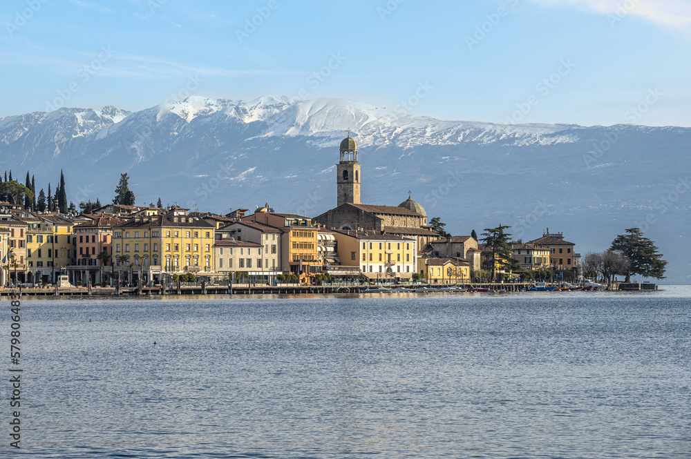 The beautiful lakeside of Salò with the Lake Garda and the Monte Baldo in background
