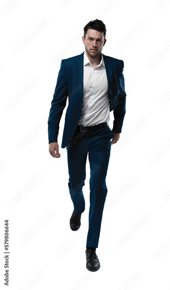 Perfect suit. Full length of handsome young man in suit looking at camera while walking against transparent background Perfect suit. Full length of handsome young man in suit looking at camera while walking against transparent background