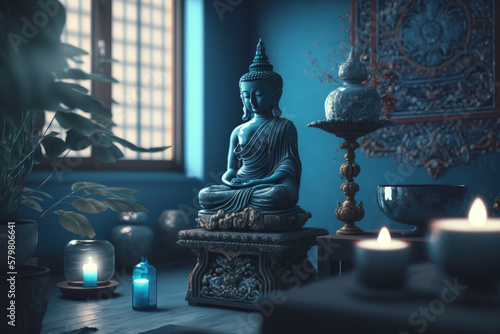 Meditation space  Blue interior with Buddha  bonsai  and other stuff in a calm atmosphere   Generative AI Production