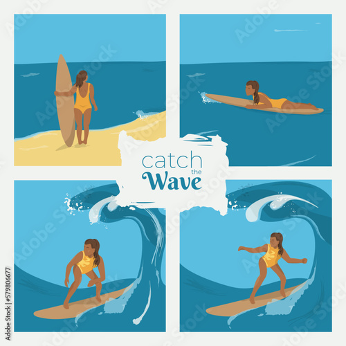 Set of Surfers on the Beach Poster 