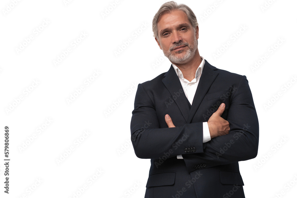 Handsome smiling middle-aged man in suit posing against transparent background with copy space Handsome smiling middle-aged man in suit posing against transparent background with copy space