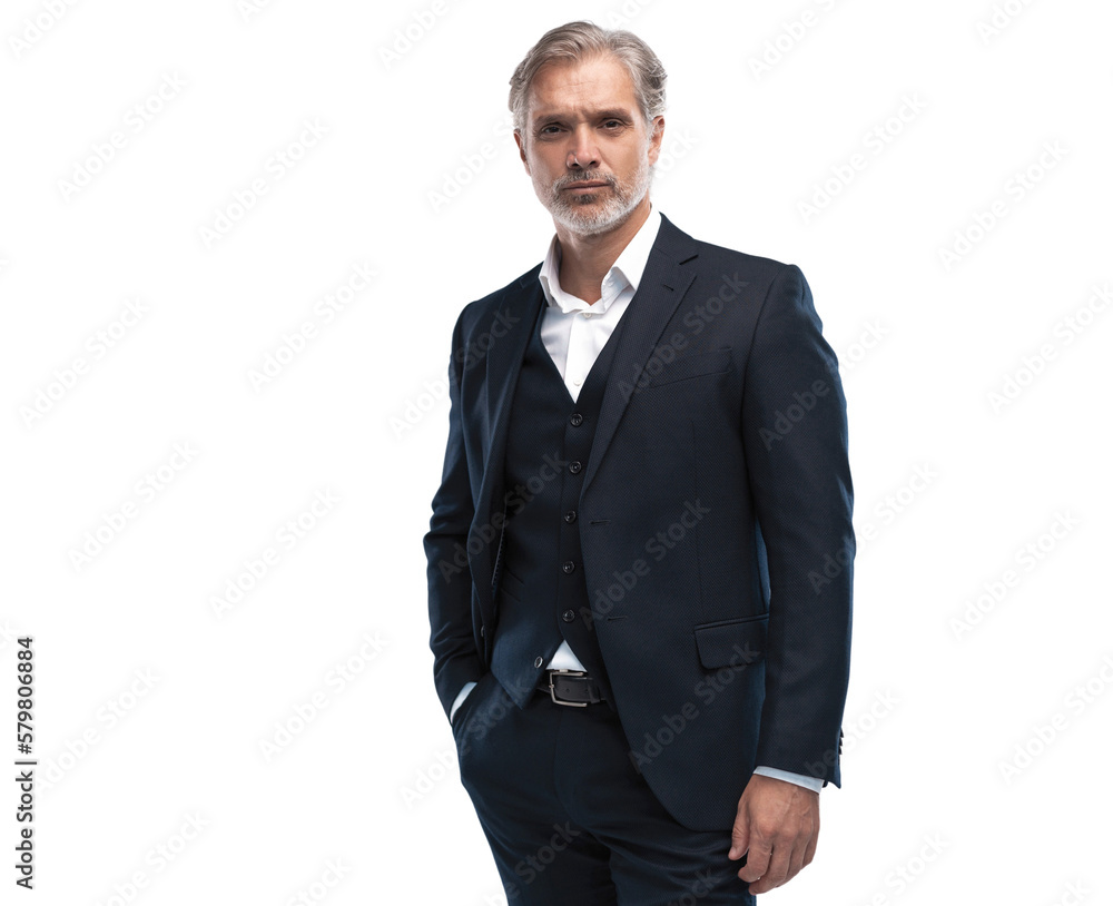 Handsome smiling middle-aged man in suit posing against transparent background with copy space Handsome smiling middle-aged man in suit posing against transparent background with copy space