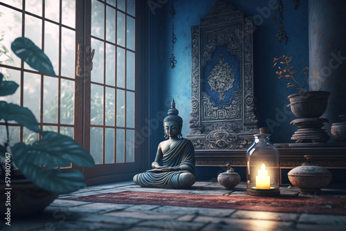 Meditation space  Blue interior with Buddha and other stuff in a calm atmosphere   Generative AI Production