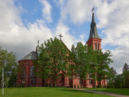 Exterior of new brick Lutheran church in Finnish Sipoo. photo