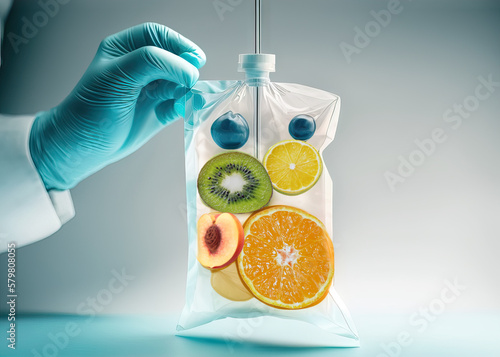 Doctor keep sliced fruit in an IV bag. Doctor holding saline bag fruit. Fruits Serum. iv serum bag. Generative AI photo
