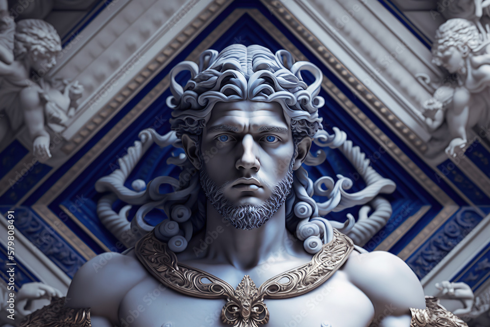Mythological god Seth made mof azulejos white and blue, created with Generative AI