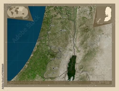 West Bank, Palestine. High-res satellite. Labelled points of cities photo