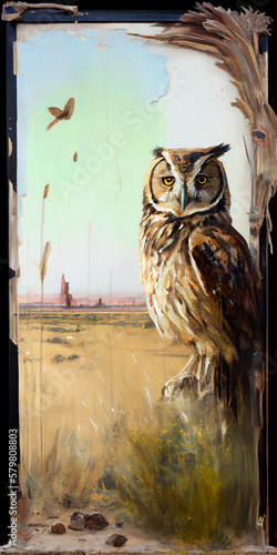 Owl in the plains artwork by Valerie Hegarty, Generative AI photo