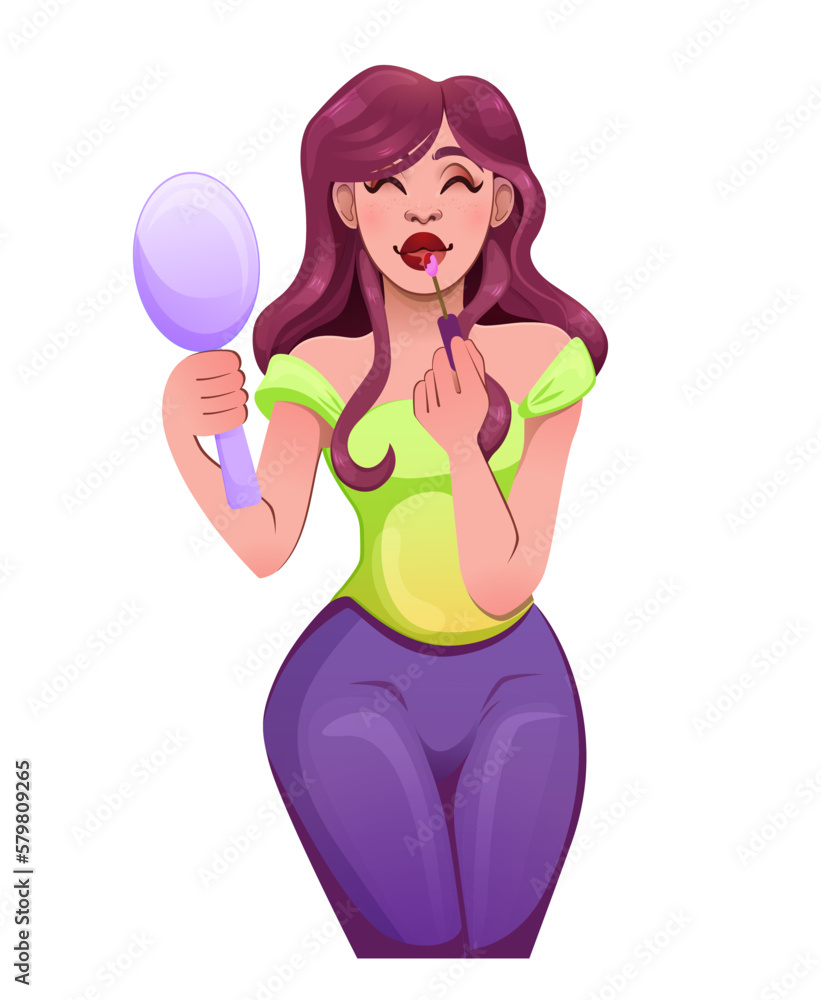 Beautiful woman apply red lip gloss while looking on mirror. Makeup lipstick product. Girl in cartoon style. Vector illustration isolated on white background. Beautiful woman apply red lip gloss while looking on mirror. Makeup lipstick product. Girl in cartoon style. Vector illustration isolated on white background.