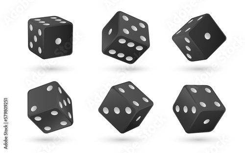 Casino realistic dice set isolated 3d  vector illustration for gambling games design, craps, tabletop, board games. Black cubes with random numbers of white dots or pips and rounded edges
