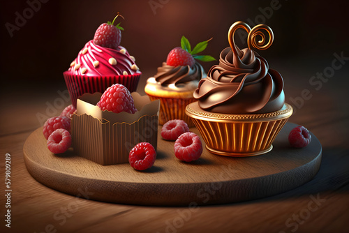 AI generative. Cupcakes with chocolate cream and fruits colorful cartoom illustration photo