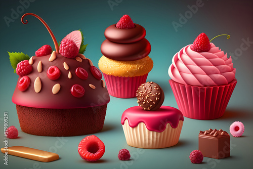 AI generative. Cupcakes with chocolate cream and fruits colorful cartoom illustration photo