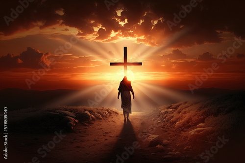 Jesus Christ walking toward holy cross with beams of light emitting from the heavens. Easter Sunset concept, generative ai photo