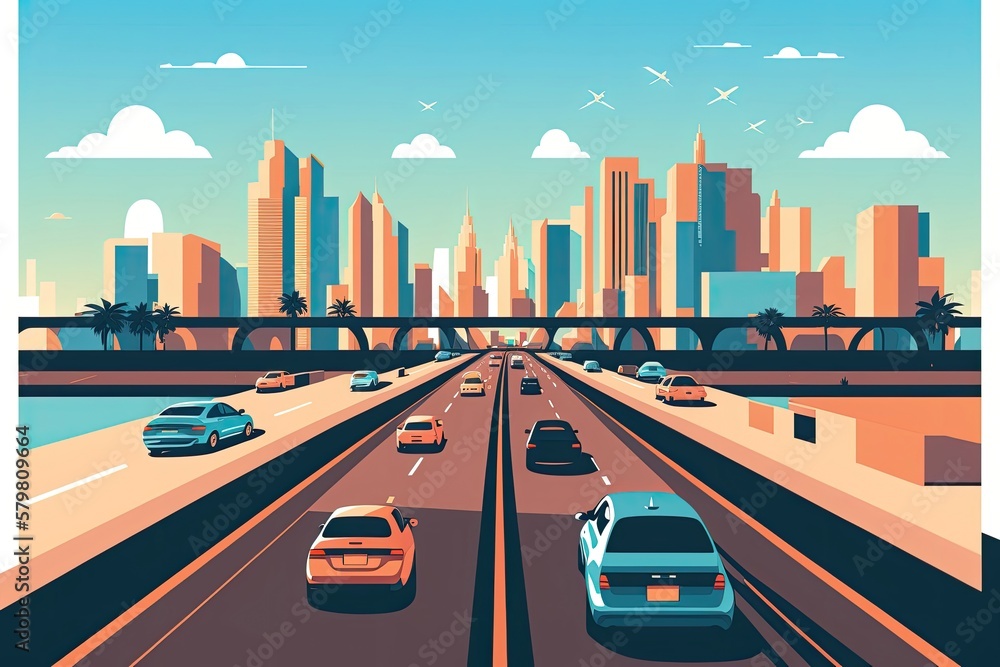 Naklejka premium Traffic on the highway panoramic perspective. Generative AI