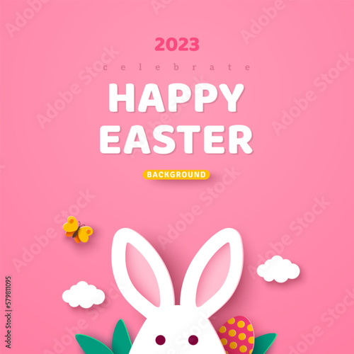 Easter card with bunny rabbit head, spring clouds and butterfly on pink background. Vector illustration. Place for your text. Holiday banner, flyer or poster, brochure design template layout.
