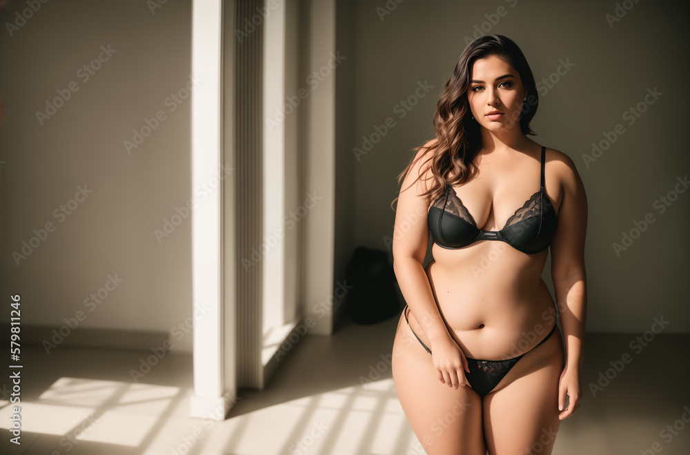 Beautiful plus size brunette woman in black lingerie in a modern interior near a window from which the sun shines. Generative AI. Beautiful plus size brunette woman in black lingerie in a modern interior near a window from which the sun shines. Generative AI.