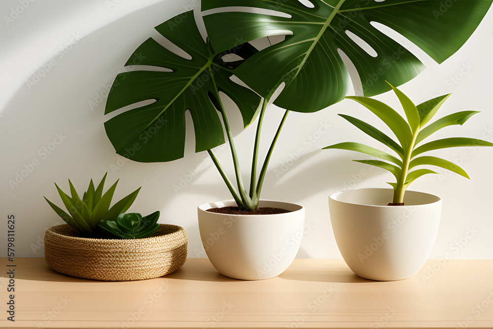 Fototapeta premium Wooden table counter top with green tropical plant leaf and beautiful sun light and shadow on beige wall for luxury beauty, organic, health, cosmetic, jewelry fashion product display background