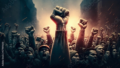 Many people rising hands fists, rallies and protests. Generative AI
