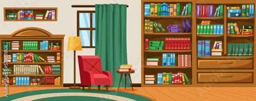 Retro library interior. Reading books. Wooden shelves for literature. Carpet and ladder. Luxury antique office. Armchair and bookcase. Bookshelf in house. Vector garish cartoon background
