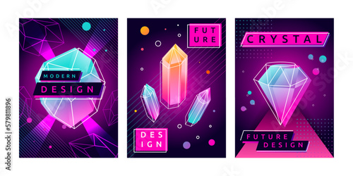 Polygon galaxy crystals, modern pyramid shapes. Geometric neon gems, fashion lights, diamonds and colorful brilliants. Trendy covers. Posters template. Modern art. Vector garish elements