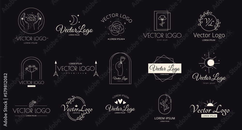 Rose flower tattoo. Touch logo. Beautiful hope symbols. Line minimalism rays. Trendy outline moon. Sunset and sky moon. Blossom in hands. Logotype design. Vector recent elements set
