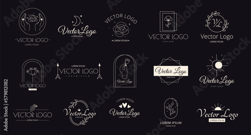 Rose flower tattoo. Touch logo. Beautiful hope symbols. Line minimalism rays. Trendy outline moon. Sunset and sky moon. Blossom in hands. Logotype design. Vector recent elements set