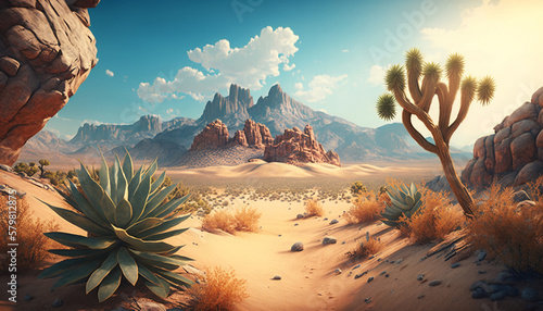 A desert scene with a cactus and rocks 3d gaming background generated ai