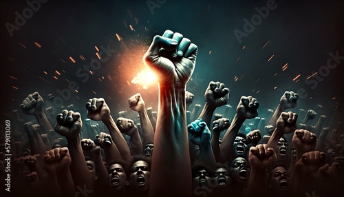 Many people rising hands fists, rallies and protests. Generative AI