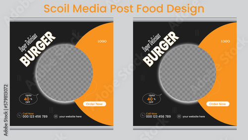 Food social media banner design template, vector illustration  .Fresh pizza, burger , cake  & pasta online sale promotion flyer or poster design . It is  square size.