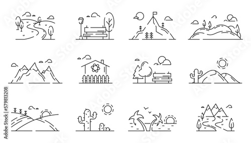 Nature landscape icons. Mountains and meadows. Desert cactus. Rock cliffs. Sea beach. Park bench. Natural rivers. Valley and forest scenery. Fields panorama. Vector garish line symbols set