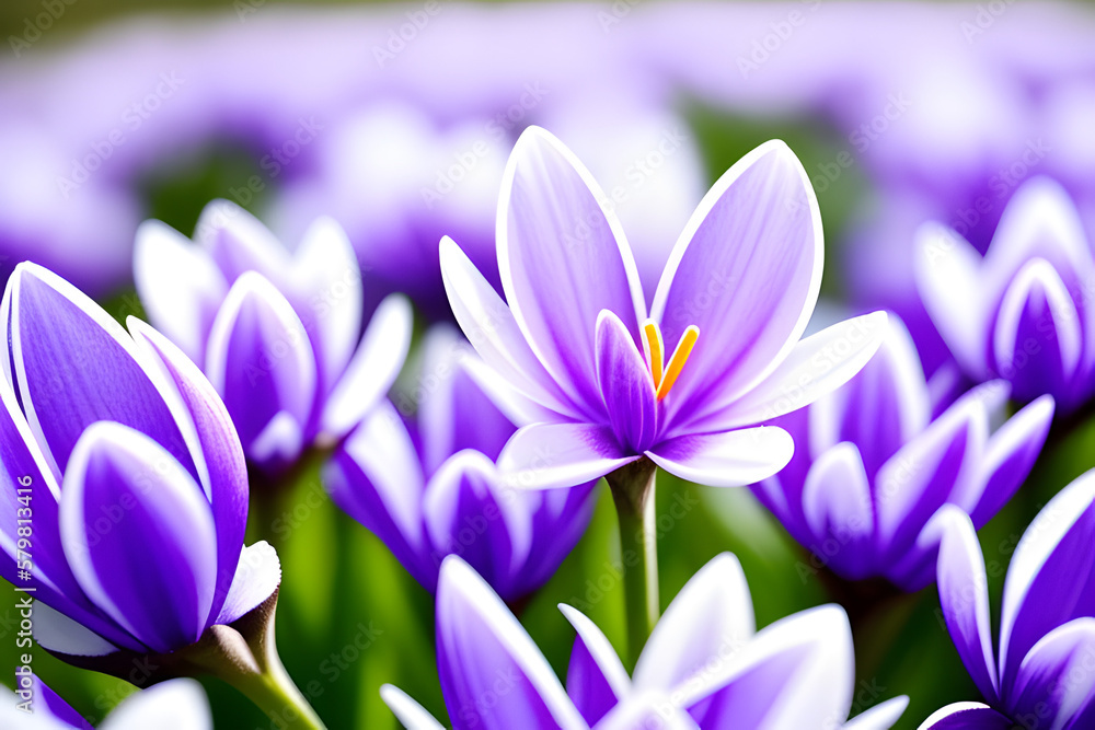 The first spring flowers violet crocuses in snow in nature in the rays of sunlight against blue sky, close-up. Generated AI. The first spring flowers violet crocuses in snow in nature in the rays of sunlight against blue sky, close-up. Generated AI.