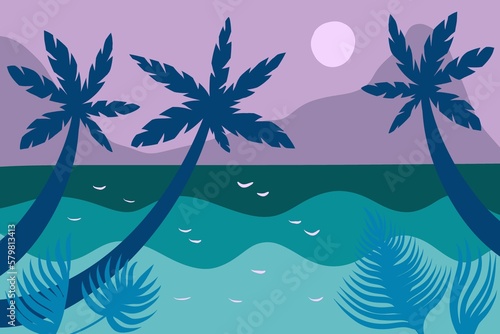 tropical island with palm trees and mountains