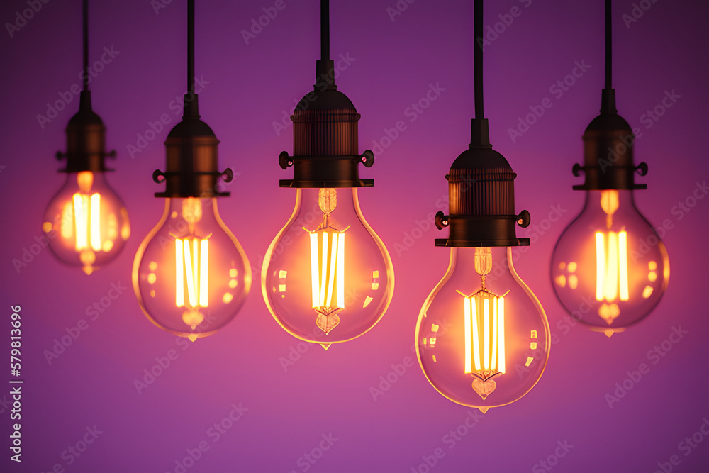 Background for a product presentation with many hanging long bulbs with a beautiful glow on a calm, muted pink-purple background. Background for a product presentation with many hanging long bulbs with a beautiful glow on a calm, muted pink-purple background.