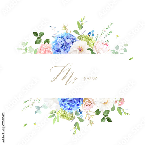 Pink and blue hydrangea, white peony, magnolia, rose, ranunculus, spring garden flowers, eucalyptus, greenery