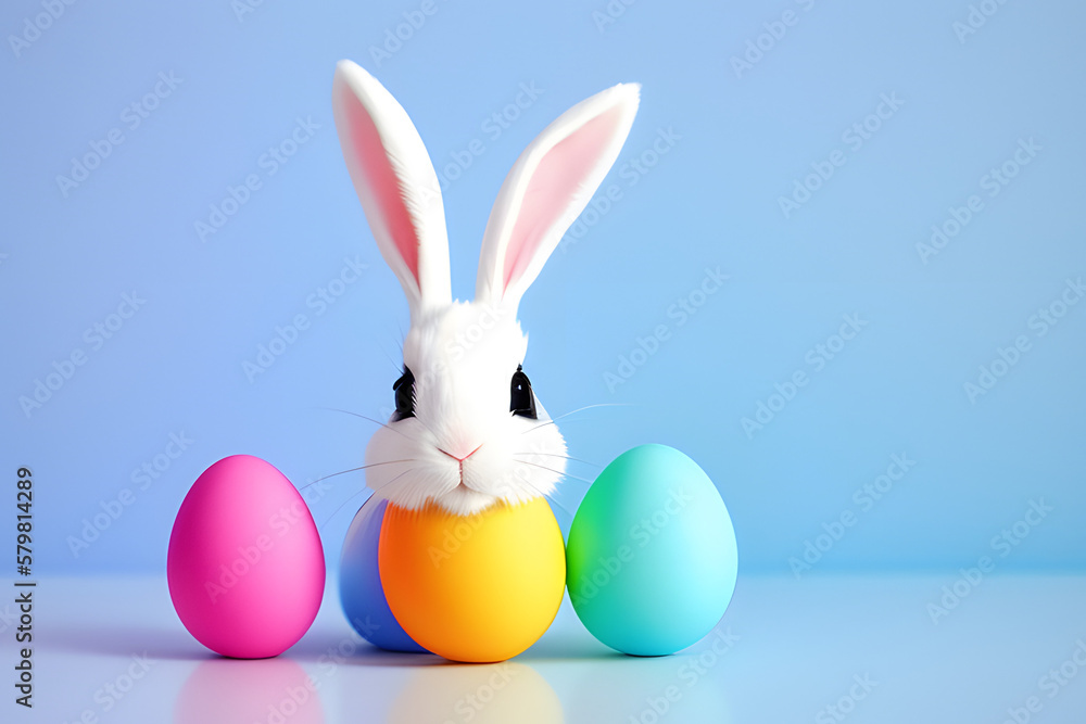 Easter bunny rabbit with blue painted egg on blue background. Easter holiday concept. Easter bunny rabbit with blue painted egg on blue background. Easter holiday concept.